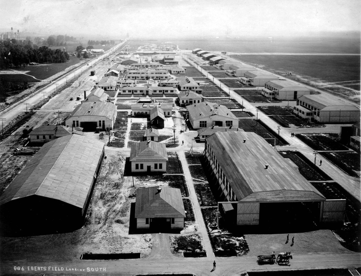 A 1918 aerial photograph of Eberts Field, a World War I Army airfield near Lonoke, showing rows of barracks and hangars.