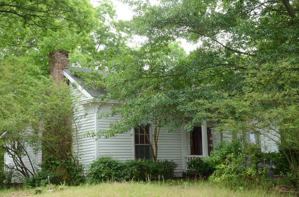 The historic Sears House in Austin, Arkansas, framed by trees.